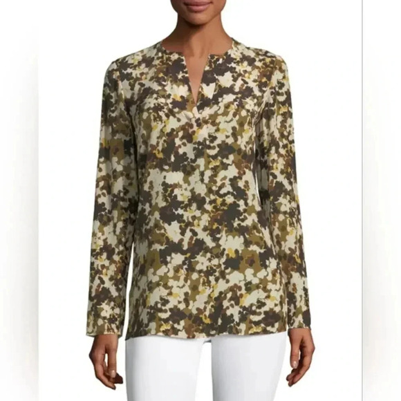 Lafayette 148 New York Zalina Long-Sleeve Earthen Texture Silk Blouse M - Picture 1 of 4